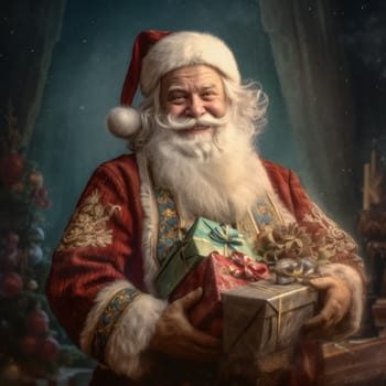 Cheerful santa claus with a gift in his hands.