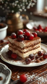 A delicious tiramisu cake topped with cherries is displayed on a plate on a wooden table, a classic Italian dessert made with layers of zuppa inglese, a staple food in Italian cuisine