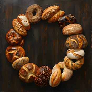 A variety of bread types, such as baguettes, pita, and sourdough, are artistically arranged in a circular display. Each bread represents a different cuisine or staple food ingredient