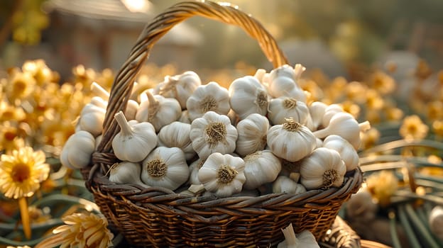 A storage basket filled with garlic, a natural food ingredient, is placed amidst a field of flowers and grass, providing a picturesque scene of blooming flowering plants