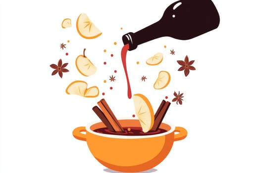 A saucepan, wine and all the ingredients for making hot spicy mulled wine. High quality photo