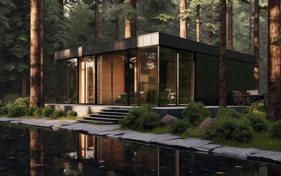 Beautiful modern modular home with wild nature in the background. Modern architecture.
