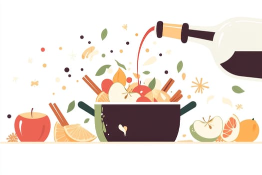 A saucepan, wine and all the ingredients for making hot spicy mulled wine. High quality photo