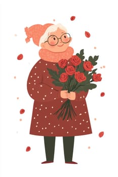 An elderly woman with a bouquet of flowers on a white background. High quality photo