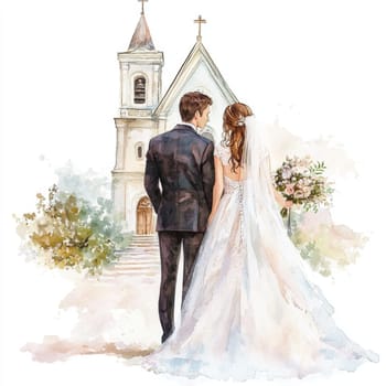 Image of bride and groom near church. High quality photo