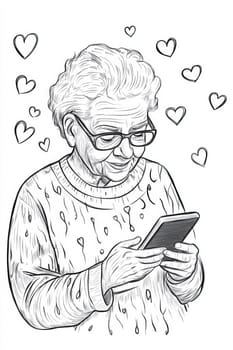 An elderly woman with a phone in her hands on a white background. High quality photo