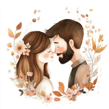 An image of a bride and groom in wedding attire, looking at each other. They are surrounded by flowers. High quality photo