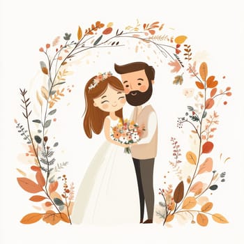 An image of a bride and groom in wedding attire, looking at each other. They are surrounded by flowers. High quality photo