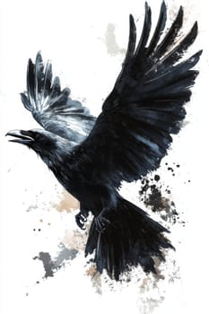 An image of a black crow on a light background. The crow is painted with black watercolor paint or pastel. High quality photo