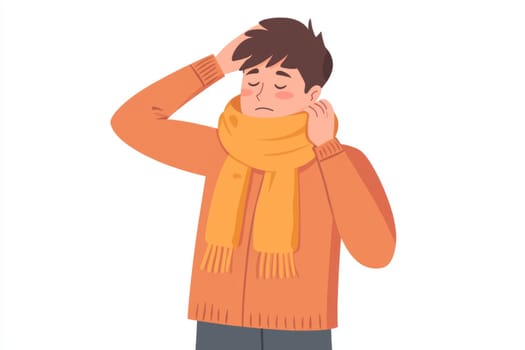 The sad man is dressed in warm clothes and a woolen scarf. A man has a cold, experiences autumn depression, and is depressed. High quality photo