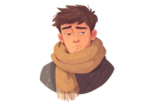 The sad man is dressed in warm clothes and a woolen scarf. A man has a cold, experiences autumn depression, and is depressed. High quality photo