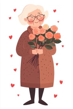 An elderly woman with a bouquet of flowers on a white background. High quality photo