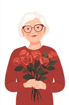 An elderly woman with a bouquet of flowers on a white background. High quality photo