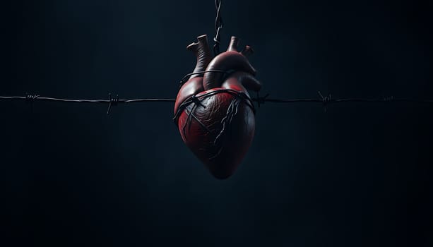 Suspended in the darkness, a lifelike heart hangs precariously from a stark, barbed wire, creating a dramatic and evocative scene. The deep, dark hues envelop the image with a sense of mystery and melancholy, emphasizing the heart's vulnerability and symbolic weight against the harsh, imposing backdrop.