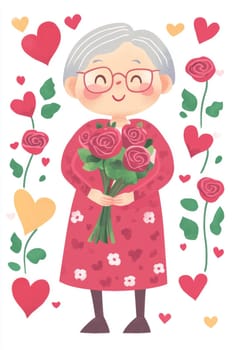An elderly woman with a bouquet of flowers on a white background. High quality photo