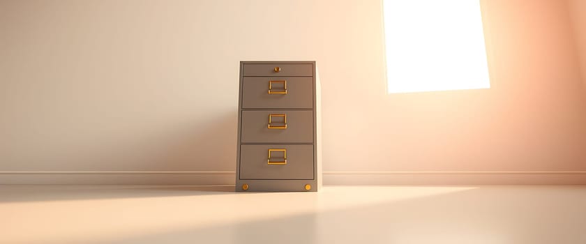 In the image, a sleek, gray filing cabinet stands alone in a minimalist room, its gold handles adding a touch of elegance to its otherwise utilitarian design. Soft, natural light pours in through a window in the background, casting gentle shadows and creating a serene, organized atmosphere that exudes a sense of calm and efficiency.