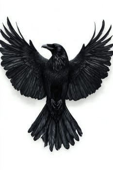 An image of a black crow on a light background. The crow is painted with black watercolor paint or pastel. High quality photo