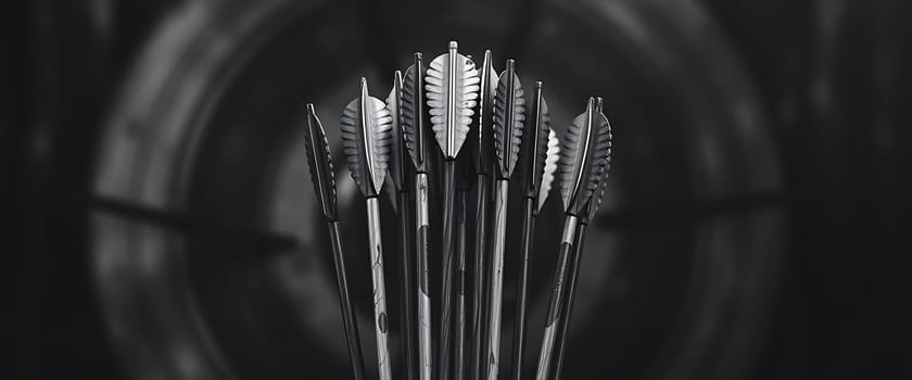 This captivating image showcases a quiver of arrows, their metallic shafts gleaming against the dark background. Each arrowhead is intricately designed with feather-like patterns, converging at the center in a striking display of symmetry and precision, evoking a sense of ancient craftsmanship and target-focused intent. The black-and-white palette adds a timeless quality, highlighting the textured surfaces and sharp edges of the arrows.