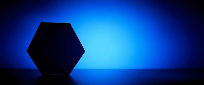 This image captures a striking scene of a hexagonal object standing solitary against a gradient blue backdrop. The object, illuminated by a soft, cool light, casts an elegant shadow on the reflective surface beneath, creating a sense of depth and mystery. The vibrant blue hues transitioning from dark to light enhance the futuristic and serene atmosphere, making the composition both visually captivating and intriguing.