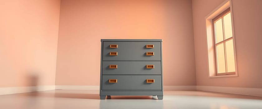 The image captures a serene and minimalist room bathed in soft, natural light filtering through a window. A solitary blue wooden chest of drawers stands against the peach-colored wall, its bronze handles gleaming subtly, adding a touch of elegance and warmth to the otherwise uncluttered space. The tranquil atmosphere is accentuated by the gentle shadows cast on the light-colored wooden floor, creating a sense of calm and simplicity.