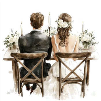 Image of the bride and groom in wedding dresses. They are sitting on chairs at the wedding table. Rear view. High quality photo