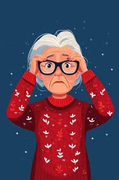Gray-haired old woman, holding her head, suffering from headache. Sad pensioner in a burgundy sweater on a blue background. High quality photo