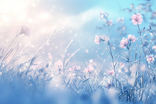 Delicate blue flowers covered with frost. Night frosts. Early winter. High quality photo