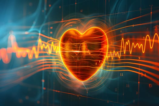 An amber heart emits an electric blue heartbeat wave, symbolizing the symmetry between the human body and the world. This art piece in orange font is like gas in space