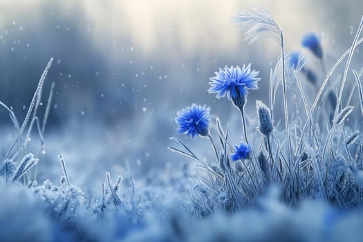Delicate blue flowers covered with frost. Night frosts. Early winter. High quality photo