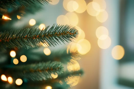 A Christmas tree decorated with a garland. Blurred background, bokeh. High quality photo