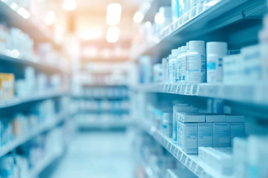 Abstract image of a showcase with medicines, cosmetics in a pharmacy. High quality photo