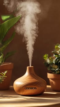 The humidifier in the interior is stylized as a wooden vase. High quality photo