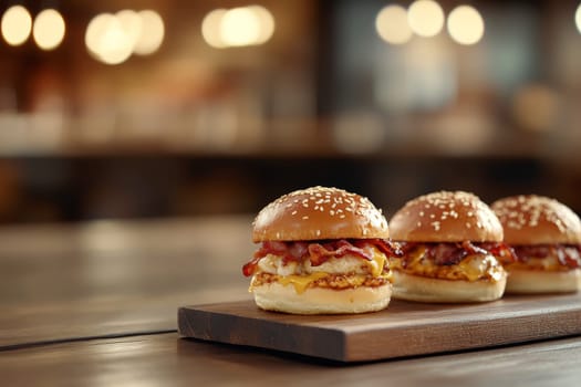Three juicy tasty hamburgers lie on a wooden table in a bar or cafe. High quality photo