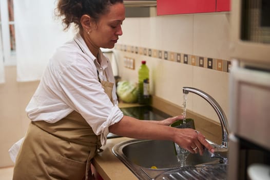 A woman washes dishes in a contemporary kitchen, focusing on cleanliness and domestic chores. Wearing an apron, she embodies daily life routines and home management in a bright setting.