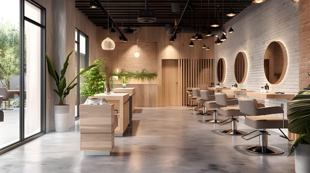Stylish salon with natural wood elements, cozy lighting and decorative plants