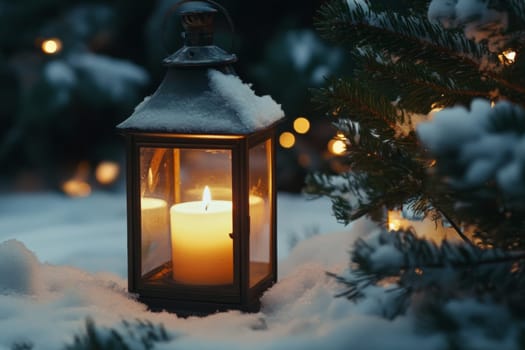 Vintage lantern with candle stands on snow at night. High quality photo