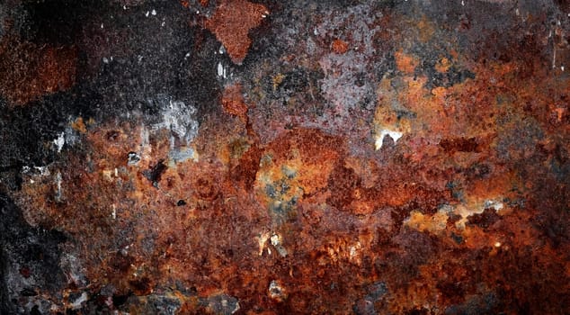 Detailed grunge rusted metal texture. Backdrop of rusty surface of dark, brown, and orange hues. Close-up of rust patterns, aged iron, scratched, worn, distressed areas, decay, corrosion details