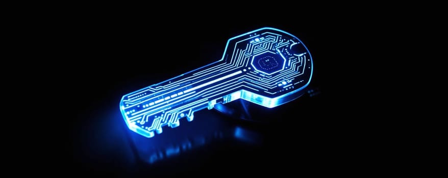 The artwork features a glowing blue key that showcases an intricate circuit board pattern, illuminated against a dark background, creating a striking visual effect during the night.