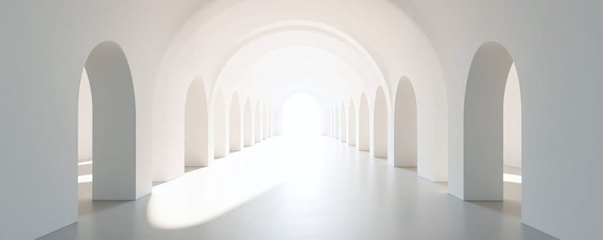 A spacious corridor featuring multiple arches, flooded with natural light. The clean lines and minimalist design create a peaceful and inviting environment.