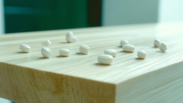 White pills scattered on wooden table convey message about medication and healthcare risks. Versatile image with ample copy space for text