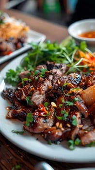 Delicious grilled meat served with fresh herbs and spices on a white plate.