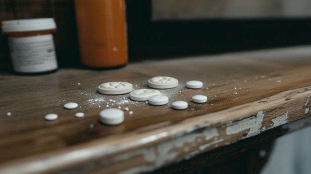 White pills spill from a bottle onto a wooden surface, highlighting responsible medication management. Contrast between clinical pills and warm wood warns of addiction dangers