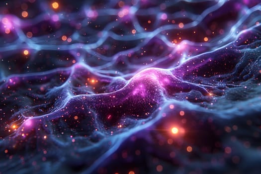 A computergenerated image featuring a purple and electric blue background with glowing particles, resembling a mesmerizing underwater atmosphere