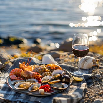 Enjoy a luxurious beachside seafood dinner with a view of the ocean, accompanied by wine