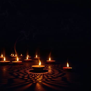 Several candles cast a warm glow in a dark area, creating beautiful, intricate shadows on the surface below. The flickering flames enhance the serene ambiance of the setting.