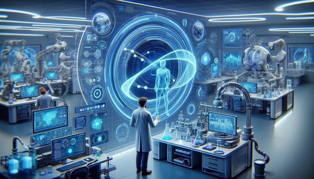 A man stands in front of a room filled with computers, illustrating the use of artificial intelligence in scientific research.