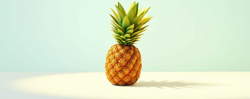 A vibrant, fresh pineapple sits upright on a simple white table, casting a soft shadow on a light-colored background, highlighting its natural texture and color.