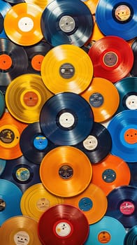A stack of vibrant vinyl records creating a striking pattern of red circles. The light reflects off the glossy surface, creating a beautiful art piece