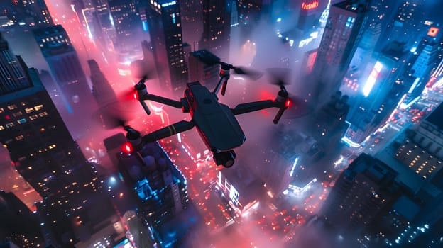 A drone flies in the sky above a city with neon lights and a foggy atmosphere