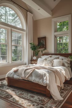 A cozy bedroom with hardwood flooring, featuring a comfortable bed, a stylish rug, and a large window providing lots of natural light